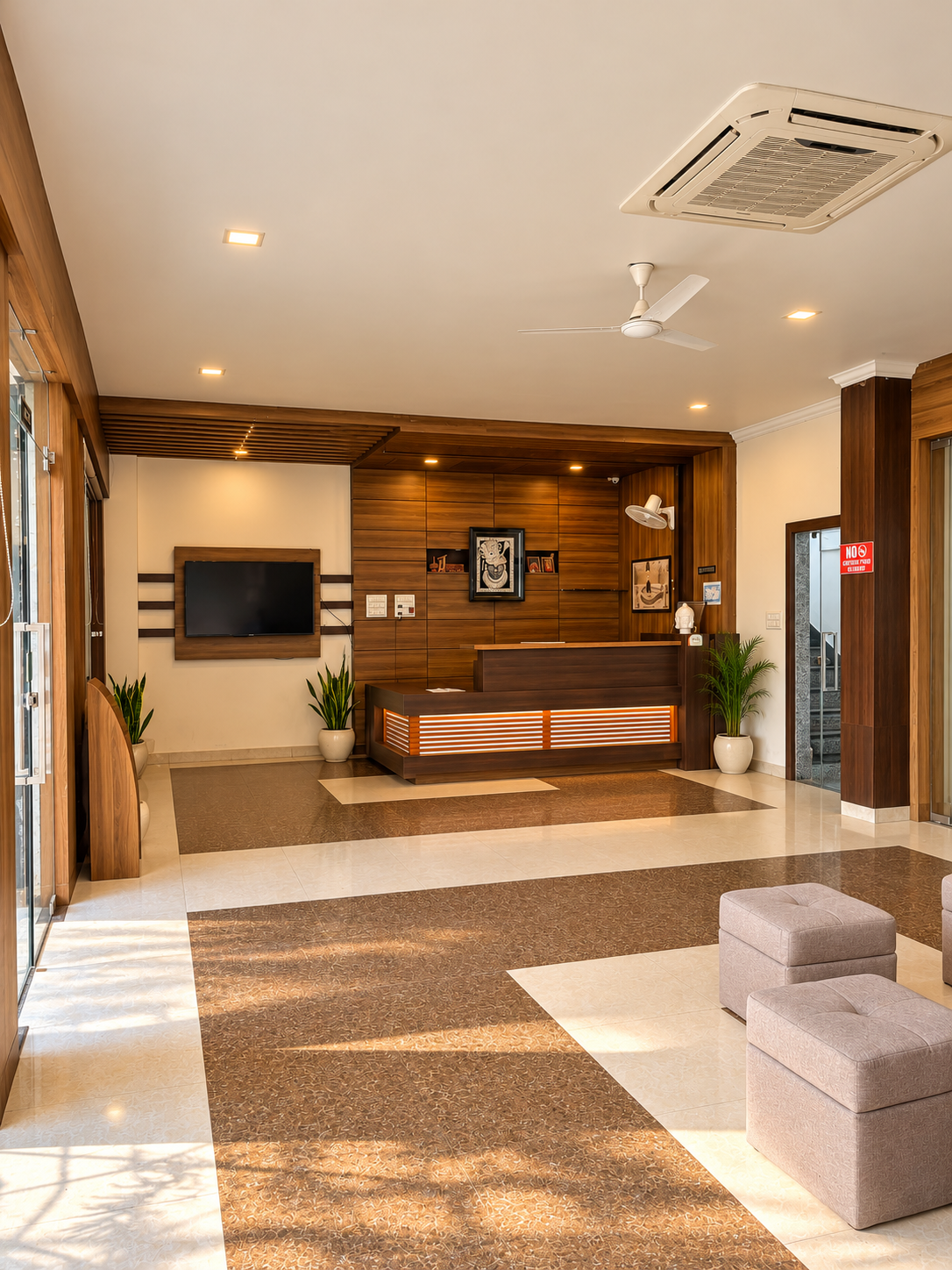 Brightened hotel lobby reception